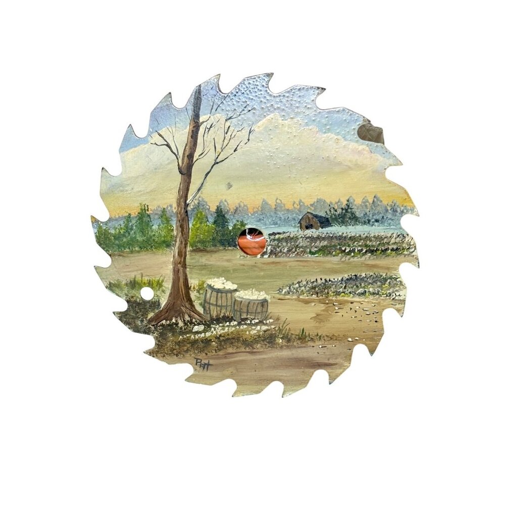 Hand-Painted Landscape Art On Vintage Saw Blade - Tree Barrels Rural Scene - Picture 3 of 12